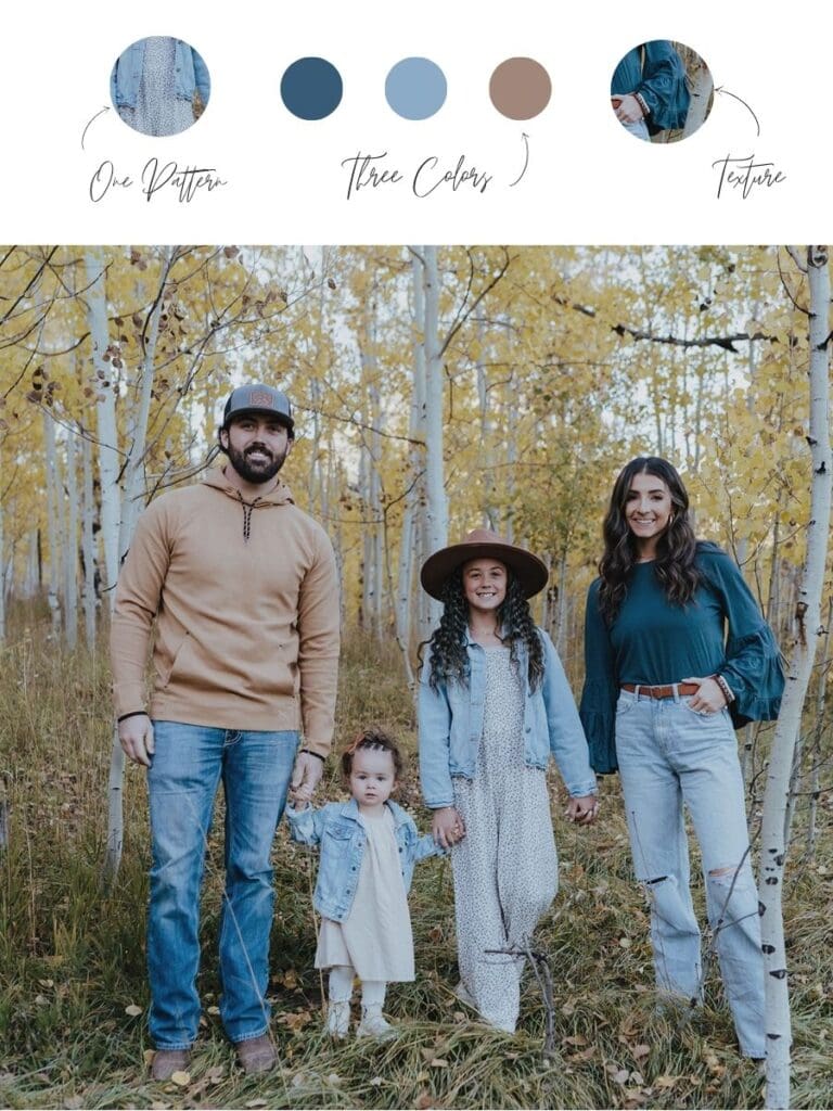 Outdoor family photos showing What to Wear for Family Photos in a way that is simple and easy to understand this image breaks down the pattern, color pallet, and textures in the image that make it all come together! 