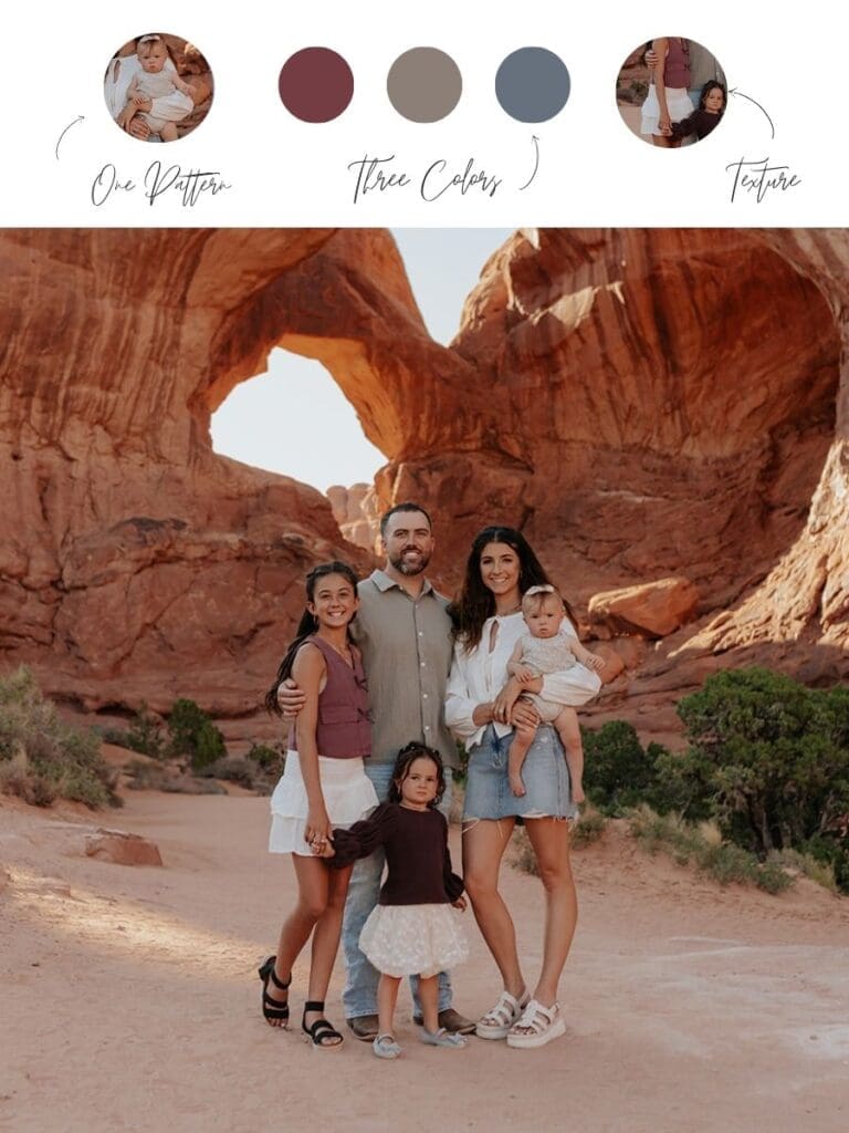 Outdoor family photos showing What to Wear for Family Photos in a way that is simple and easy to understand this image breaks down the pattern, color pallet, and textures in the image that make it all come together! 