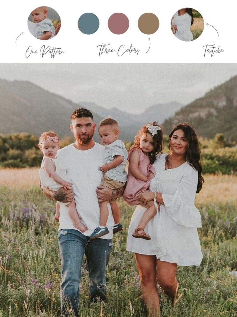 Outdoor family photos showing What to Wear for Family Photos in a way that is simple and easy to understand this image breaks down the pattern, color pallet, and textures in the image that make it all come together! 